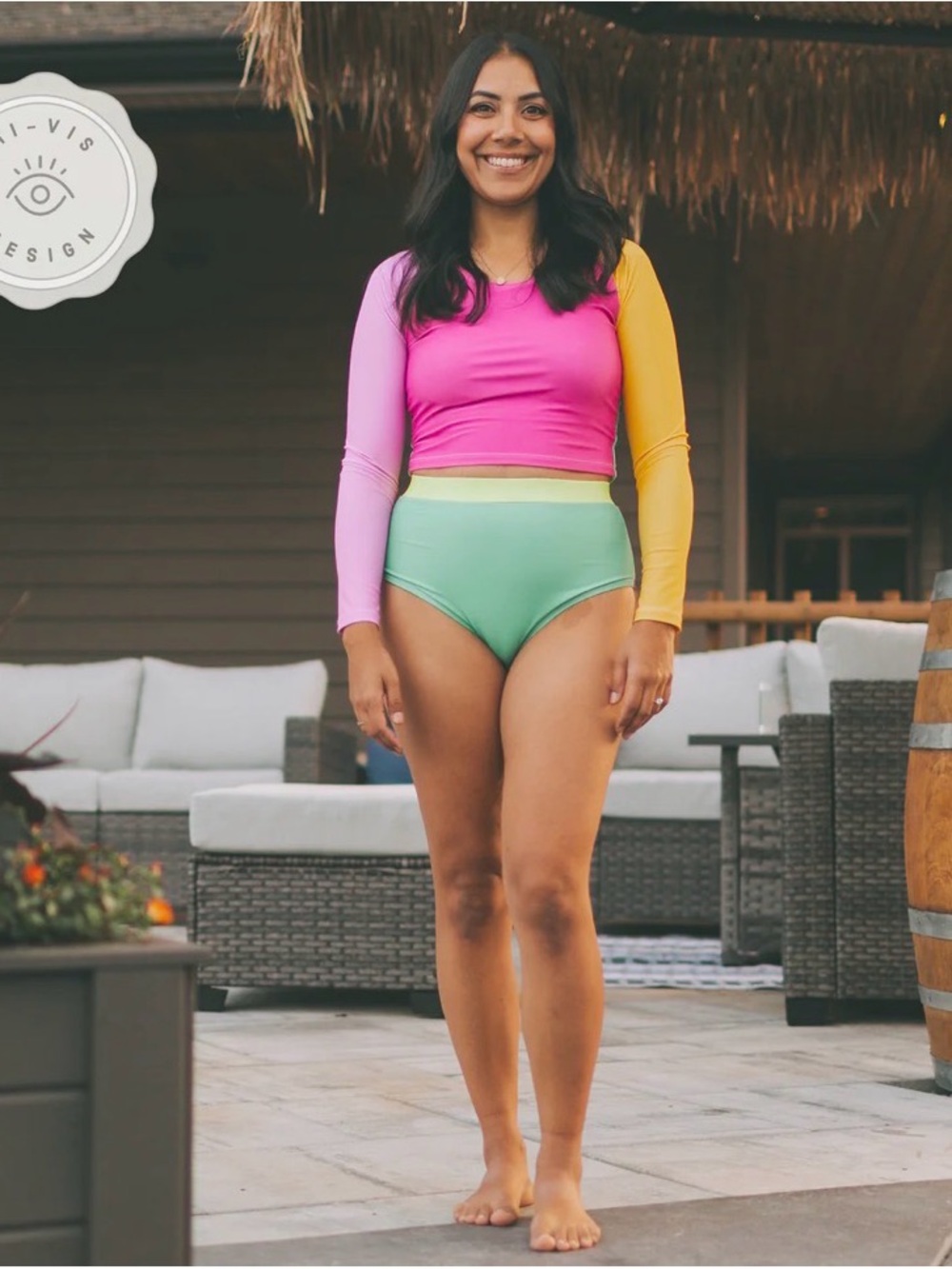 Women’s Colourblock Long-Sleeve Two Piece Swim Suit - Pink, Yellow & Mint